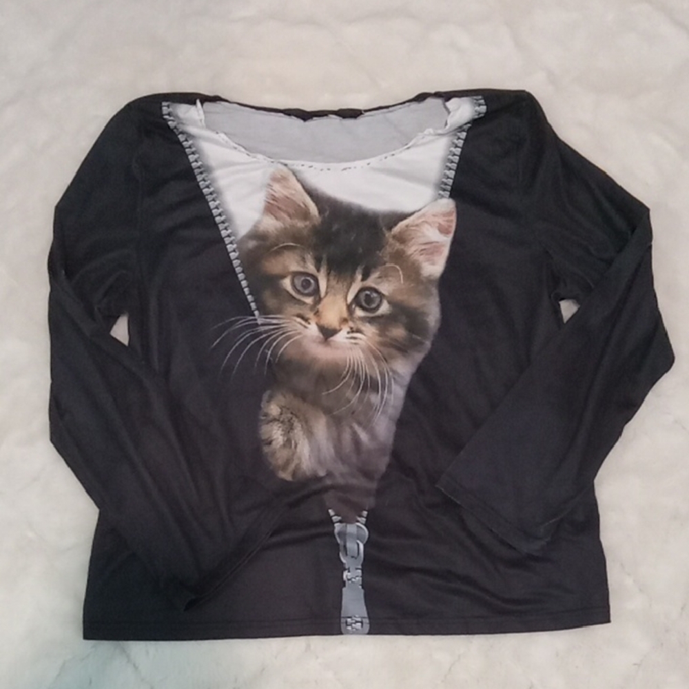 Black Long Sleeve Cat Print Top